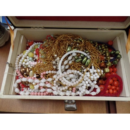 257 - 2 TIER AND A SMALLER JEWELLERY BOX, CONTAINING COSTUME JEWELLERY, CLIP-ON EARRINGS ETC.