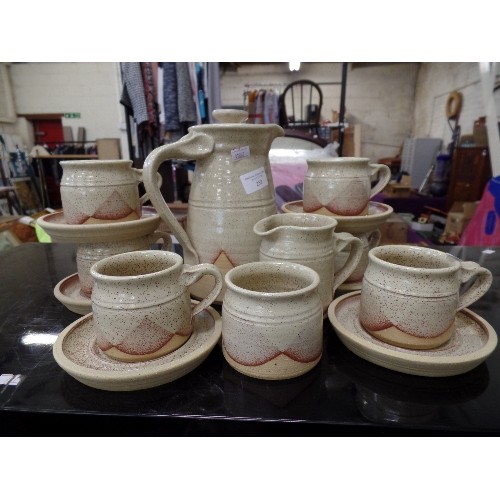 258 - 1970'S STUDIO POTTERY STONEWARE COFFEE SET. COFFEE POT, SUGAR, MILK, 6 X CUPS/SAUCERS. MOTTLED BEIGE... 