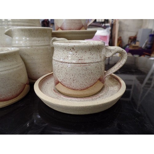 258 - 1970'S STUDIO POTTERY STONEWARE COFFEE SET. COFFEE POT, SUGAR, MILK, 6 X CUPS/SAUCERS. MOTTLED BEIGE... 