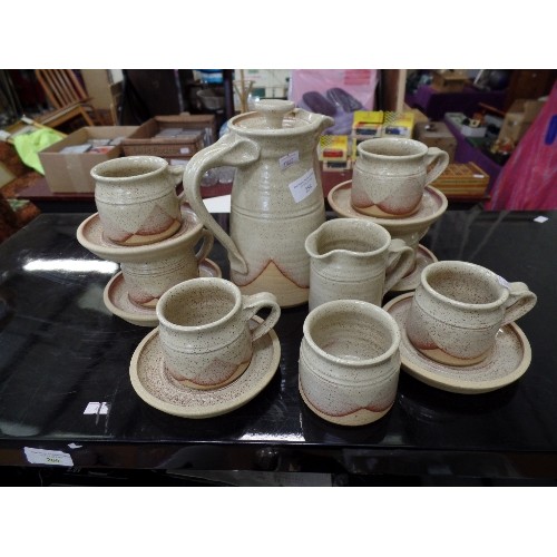 258 - 1970'S STUDIO POTTERY STONEWARE COFFEE SET. COFFEE POT, SUGAR, MILK, 6 X CUPS/SAUCERS. MOTTLED BEIGE... 