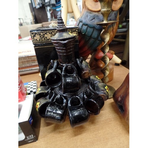 264 - LARGE WOODEN OWL, LIDED DECANTER WITH MINATURE CUPS, BRASS CANDLE STICKS, LAQUERED LIDED BOX