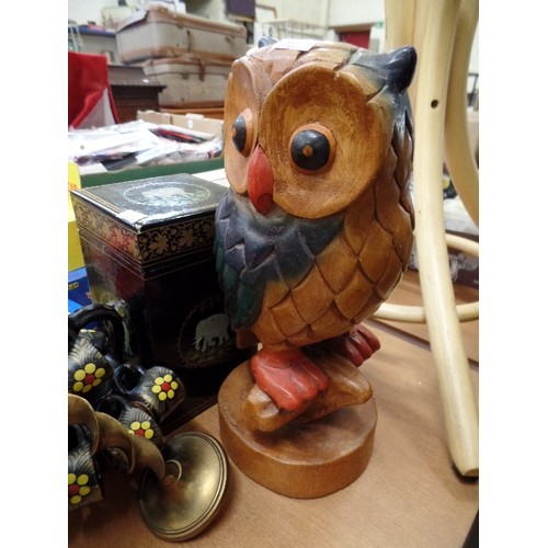 264 - LARGE WOODEN OWL, LIDED DECANTER WITH MINATURE CUPS, BRASS CANDLE STICKS, LAQUERED LIDED BOX