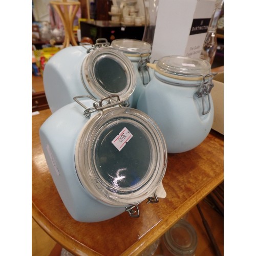 271 - 1 LARGE AND 3 SMALL CANISTERS IN DUCK EGG BLUE WITH CLIP KILNER STYLE LIDS