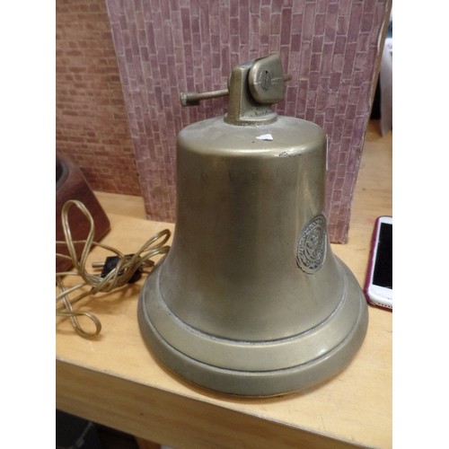 276 - HEAVY BRASS VINTAGE BELL WITH WALL BRACKET. 1842 STAMPED ON REVERSE.