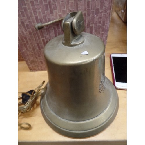 276 - HEAVY BRASS VINTAGE BELL WITH WALL BRACKET. 1842 STAMPED ON REVERSE.