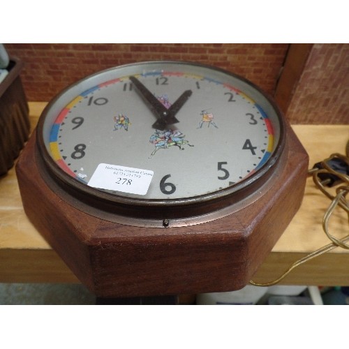 278 - HEAVY VINTAGE WALL CLOCK. 'PUL-SYN-ETIC IMPULSE CLOCK. DECORATED WITH KNIGHTS IN SHINING ARMOUR. HEA... 