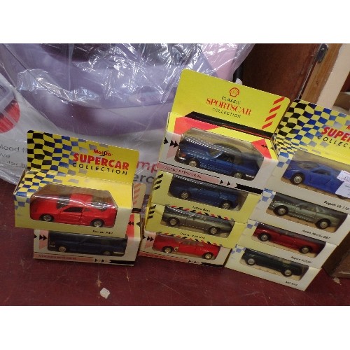 238 - MAISTO SUPERCAR COLLECTION, AND SHELL SPORTSCAR COLLECTION. 10 X BOXED DIE-CAST SUPER CARS. FERRARI,... 