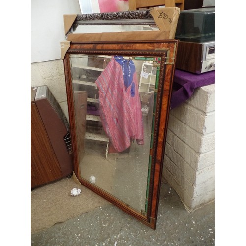 143 - 4 X LARGE WALL MIRRORS. A FAUX SUEDE FRAME, 'SILVER' GILT, A PLAIN DARK WOOD, AND WOODEN FRAMED WITH... 