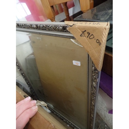 143 - 4 X LARGE WALL MIRRORS. A FAUX SUEDE FRAME, 'SILVER' GILT, A PLAIN DARK WOOD, AND WOODEN FRAMED WITH... 