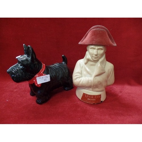 93 - BLACK CERAMIC SCOTTIE-DOG MONEY BANK. WITH RED POLKA-DOT BOW. ALSO NAPOLEON BRANDY DECANTER.