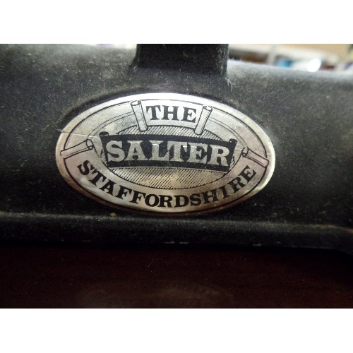 210 - VINTAGE SALTER KITCHEN SCALES. 'THE STAFFORDSHIRE' WITH BRASS SCOOP AND SET OF WEIGHTS.