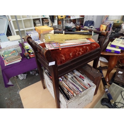 224 - VINTAGE PIANO STOOL WITH VELVET SEAT. FULL OF MUSIC BOOKS/SHEETS. ALSO SOME MUSICAL RECORDERS.