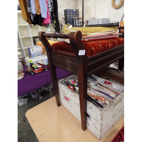 224 - VINTAGE PIANO STOOL WITH VELVET SEAT. FULL OF MUSIC BOOKS/SHEETS. ALSO SOME MUSICAL RECORDERS.