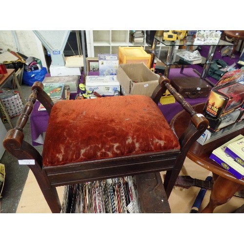 224 - VINTAGE PIANO STOOL WITH VELVET SEAT. FULL OF MUSIC BOOKS/SHEETS. ALSO SOME MUSICAL RECORDERS.