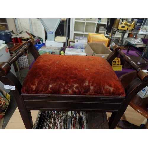 224 - VINTAGE PIANO STOOL WITH VELVET SEAT. FULL OF MUSIC BOOKS/SHEETS. ALSO SOME MUSICAL RECORDERS.