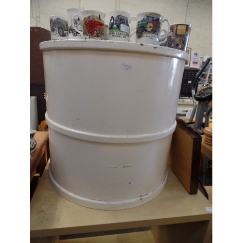 420 - HALF-DRUM EFFECT PAINTED LINEN BIN/STORAGE.