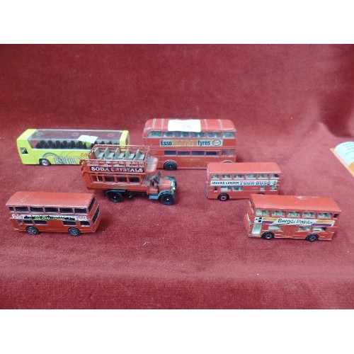 294 - 5 X DIE-CAST RED BUSES, AND A YELLOW COACH.