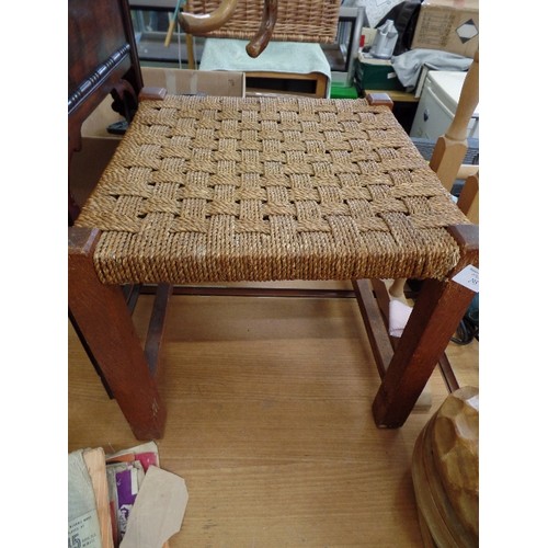 295 - VINTAGE RUSH-SEATED LOW STOOL, WITH OAK FRAME.