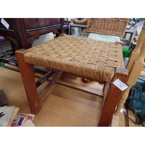 295 - VINTAGE RUSH-SEATED LOW STOOL, WITH OAK FRAME.