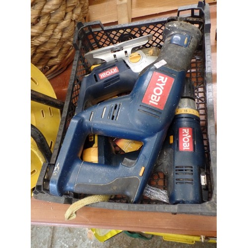 305 - 2 X RYOBI CORDLESS DRILLS-WITH 1 CHARGER. ALSO A RYOBO RECIPROCATING SAW.