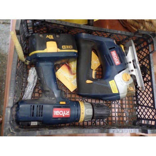 305 - 2 X RYOBI CORDLESS DRILLS-WITH 1 CHARGER. ALSO A RYOBO RECIPROCATING SAW.