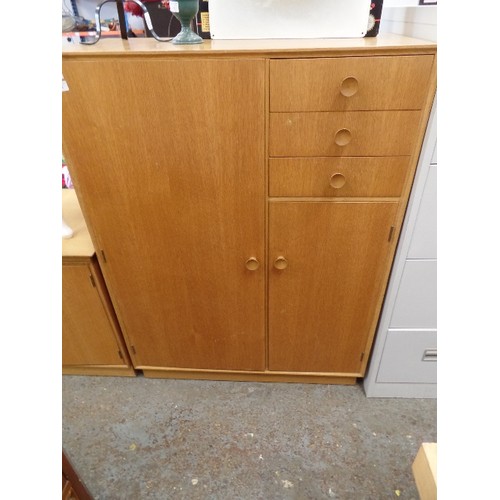 318 - SMALL MID CENTURY TEAK COMBINATION MEREDEW WARDROBE, WITH PULL-OUT VANITY DRAWER, 2 FURTHER DRAWERS,... 