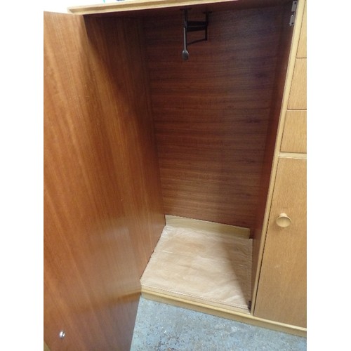 318 - SMALL MID CENTURY TEAK COMBINATION MEREDEW WARDROBE, WITH PULL-OUT VANITY DRAWER, 2 FURTHER DRAWERS,... 