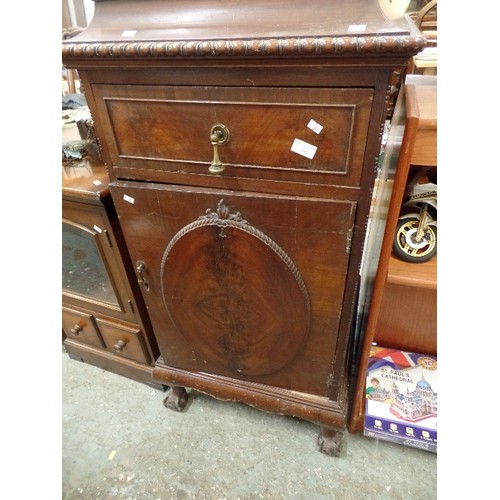 332 - VINTAGE GRAMOPHONE CABINET WITH OVAL FRONT PANEL. EGG & DART BEADING. HEAVY BRASS DROP HANDLES. BAIZ... 