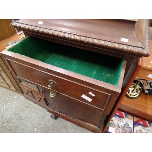 332 - VINTAGE GRAMOPHONE CABINET WITH OVAL FRONT PANEL. EGG & DART BEADING. HEAVY BRASS DROP HANDLES. BAIZ... 