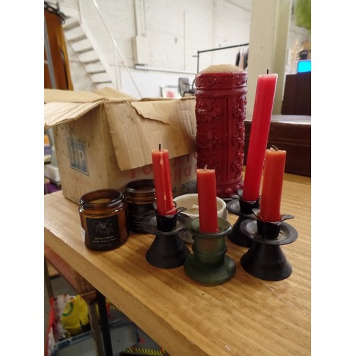 343 - VINTAGE CANDLES. INCLUDES BOXES OF PRICE'S CANDLES, AND CANDLE HOLDERS.