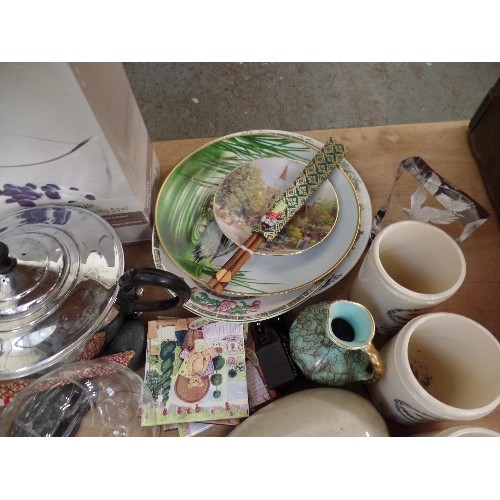 352 - MIXED VINTAGE LOT. THERMAL TEAPOT, PLATES, GLASSWARE, BEDWARMER, THIMBLE COLLECTION ETC.