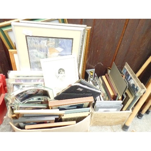 366 - 2 X BOX'S FULL OF FRAMED PICTURES, PRINTS, PHOTOGRAPHS, AND EMPTY FRAMES. MIXED STYLES AND TYPES. AL... 