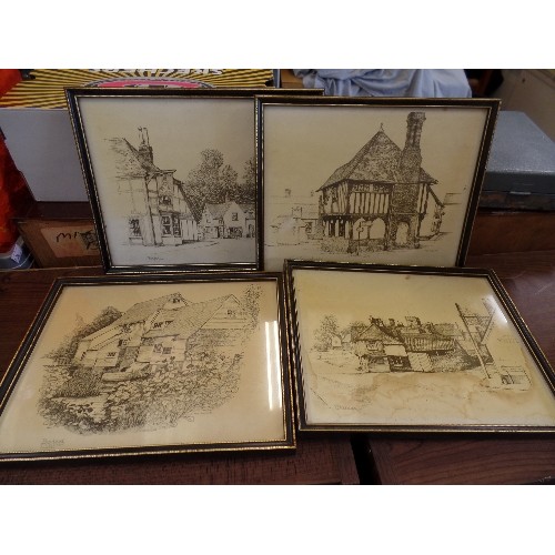 381 - 4 X FRAMED ETCHINGS BY KEN THOMAS. STEEPLE BUMPSTEAD, WITHAM, GOSFIELD, & BOCKING MILL. ALSO A HEDGE... 