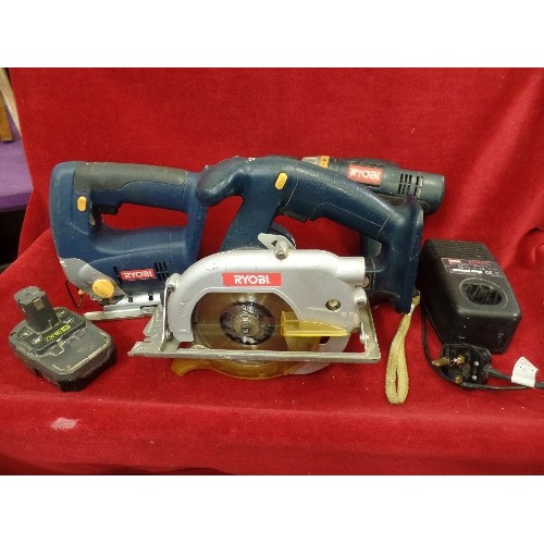 301 - 2 X RYOBI CIRCULAR SAWS, DRILL, BATTERY CHARGERS.