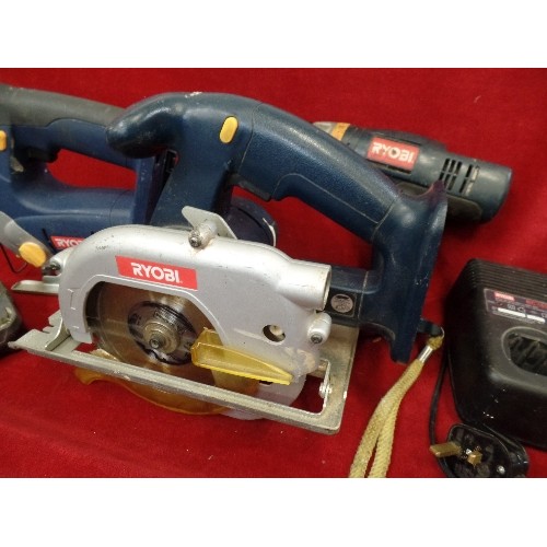 301 - 2 X RYOBI CIRCULAR SAWS, DRILL, BATTERY CHARGERS.