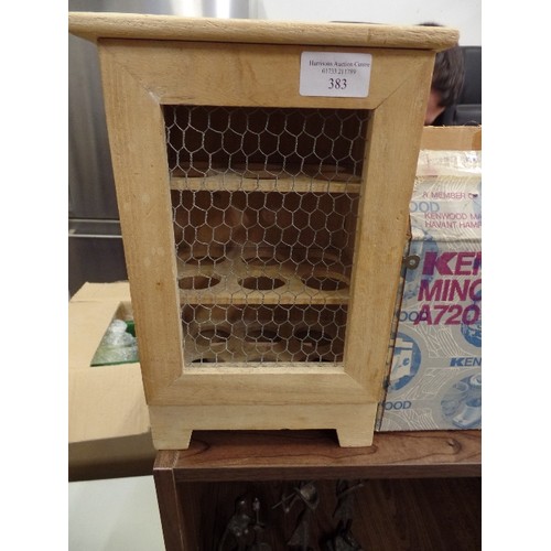 383 - SMALL WOODEN EGG-STORE WITH CHICKEN WIRE DOOR.