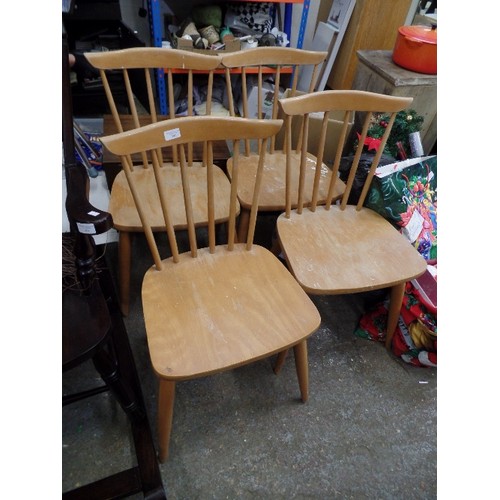 393 - 4 RETRO PINE KITCHEN CHAIRS, WITH SLIM TAPERED LEGS AND STICK BACKS.