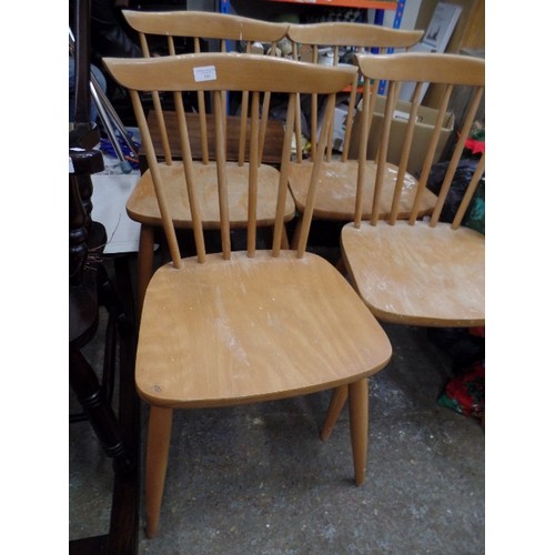 393 - 4 RETRO PINE KITCHEN CHAIRS, WITH SLIM TAPERED LEGS AND STICK BACKS.