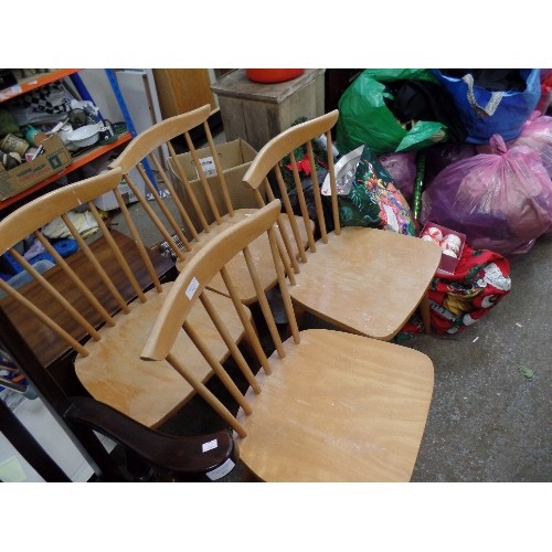 393 - 4 RETRO PINE KITCHEN CHAIRS, WITH SLIM TAPERED LEGS AND STICK BACKS.