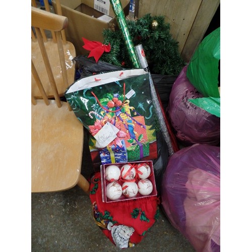 395 - CHRISTMAS DECORATIONS, LARGE FAUX PINE WREATHS, TREE & LIGHTS, BAUBLES, WRAPPING PAPER ETC ETC.