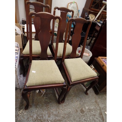 398 - SET OF 4 X 1930'S QUEEN ANNE STYLE DINING CHAIRS. OLIVE GREEN PADDED SEATS.