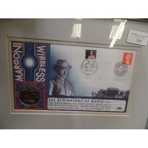 399 - CENTENARY OF MARCONI WIRELESS FIRST DAY COVER COIN. 'THE BEGINNINGS OF RADIO' DISPLAYED IN GLAZED FR... 