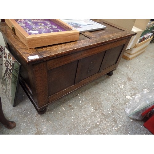 402 - VINTAGE OAK CHEST, HINGED LID.