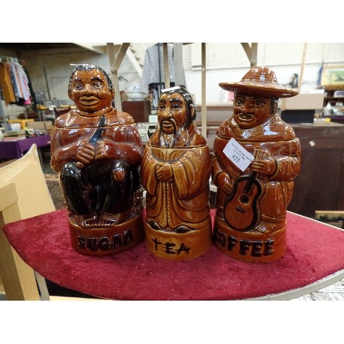 433 - SET OF 3 X RETRO P&K DECANTERS. IN THE STYLE OF MEXICAN, AFRICAN, AND ORIENTAL FIGURES.