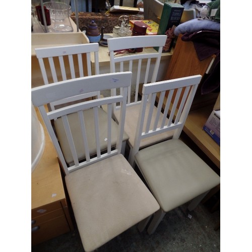 423 - 4 X IVORY FRAMED DINING CHAIRS WITH DOVE GREY PADDED SEATS.