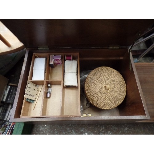 459 - RETRO WALNUT TELEPHONE/SEWING BOX WITH CONTENTS(One leg missing)