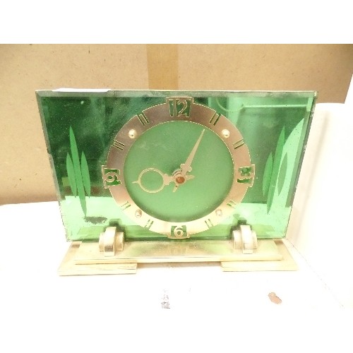 462 - ART DECO STYLE GREEN GLASS AND BRASS MANTLE CLOCK