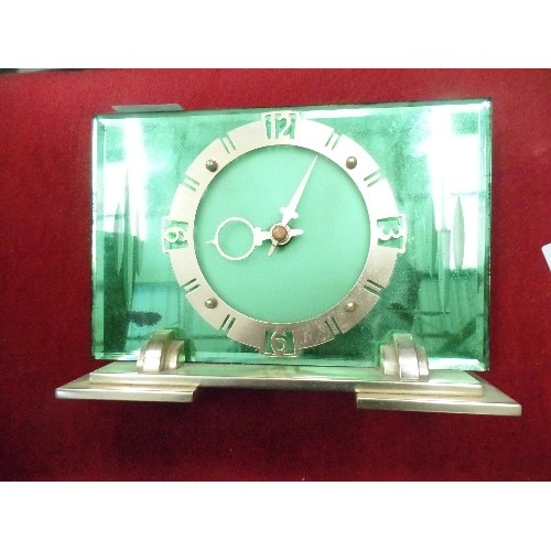 462 - ART DECO STYLE GREEN GLASS AND BRASS MANTLE CLOCK