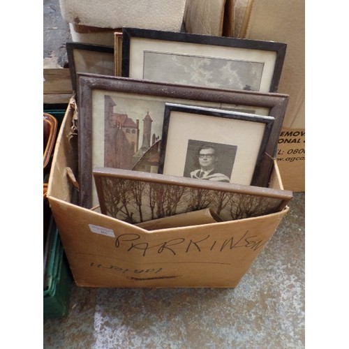 451 - BOX OF OLD PICTURES, PHOTOGRAPHS AND FRAMES.