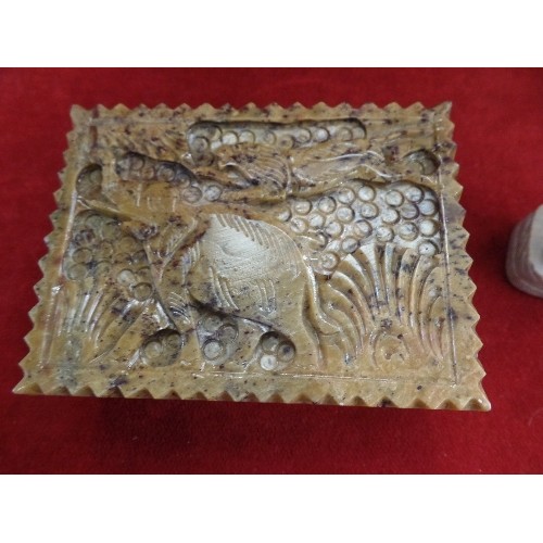 6 - SOAPSTONE MARBLE INDIAN TRINKET BOX AND  HAND CARVED SOAPSTONE GANESHA FIGURE UNDER TREE